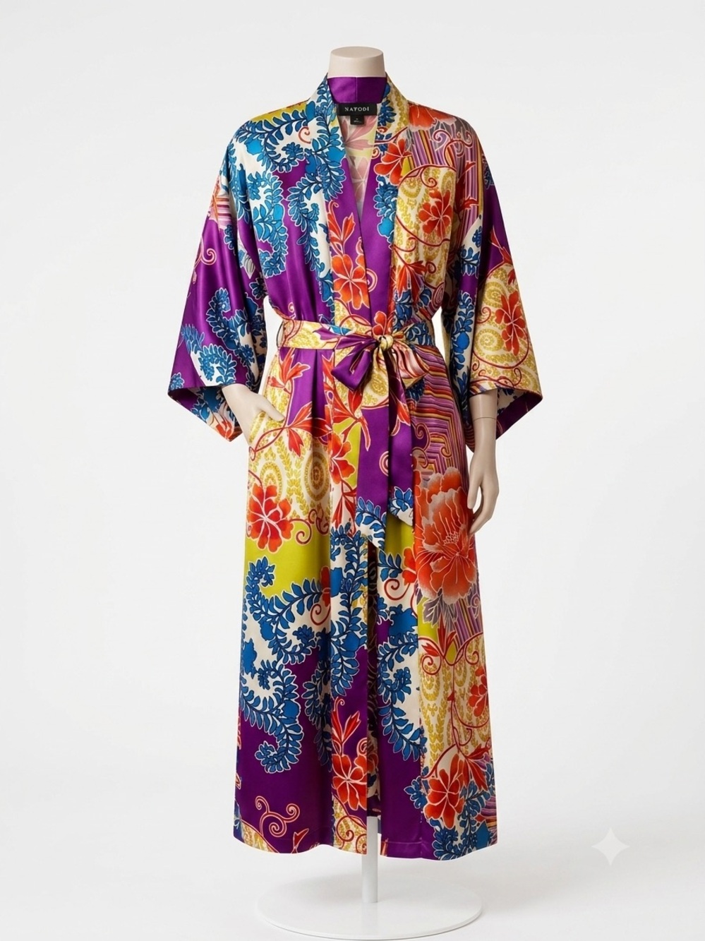 Natori Floral Kimono Robe XL Bold Bright Pattern Satin Wrap Pockets ColorfulLong